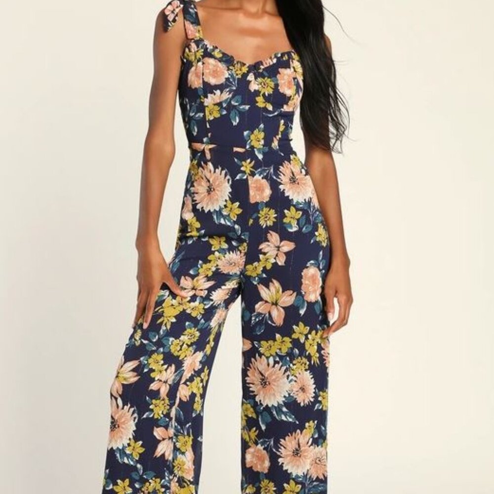 Flowery Forever Navy Blue Floral Lurex Tie-Strap Jumpsuit
